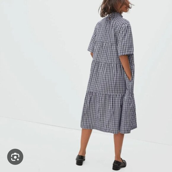 Everlane Women's XS Blue Plaid Mock Neck Cotton Midi Dress - Picture 2 of 13